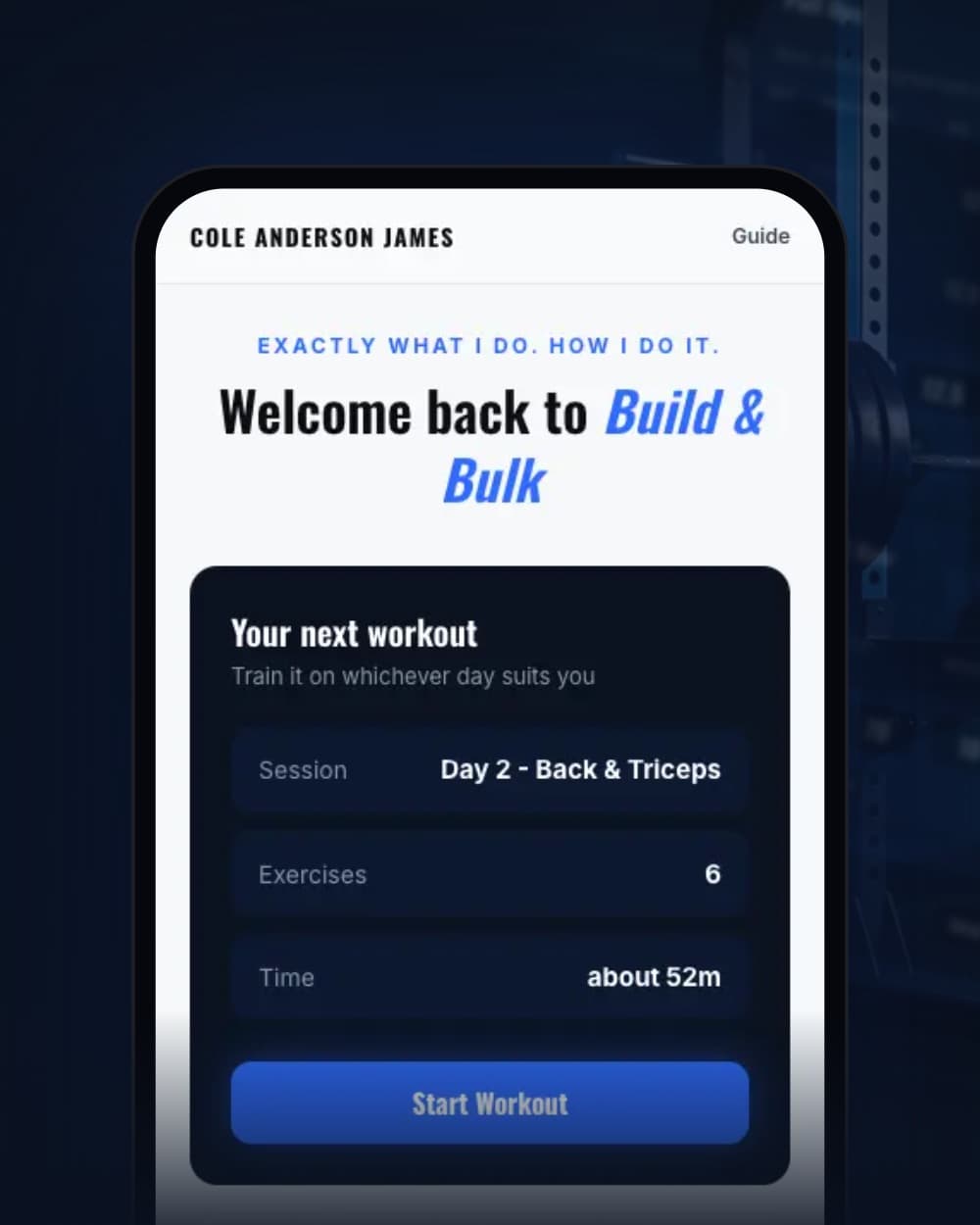 The Build & Bulk app showing the next workout, Day 2 Back and Triceps, six exercises, about 52 minutes