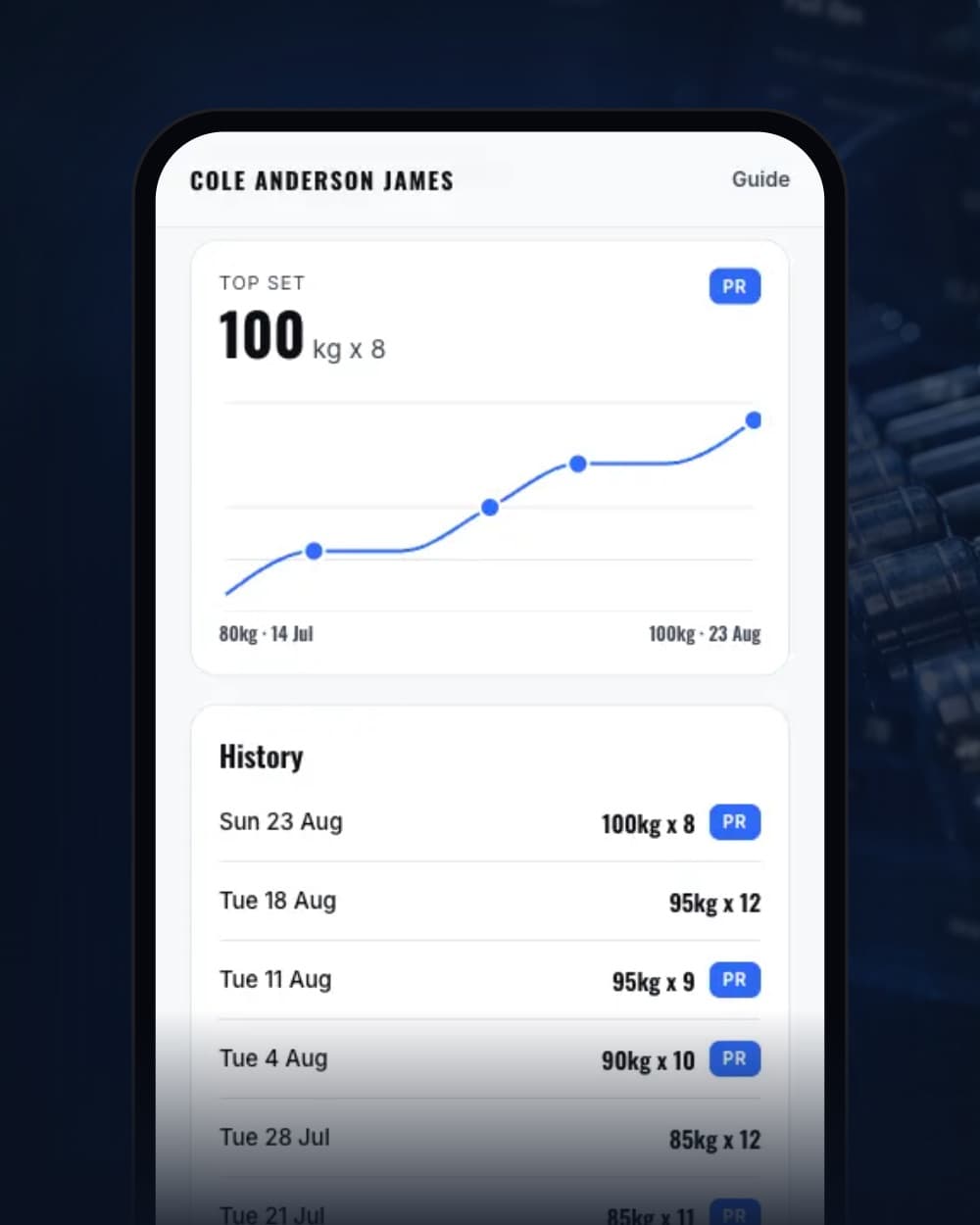The progress screen in the Build & Bulk app, showing a bench press going from 80kg to 100kg